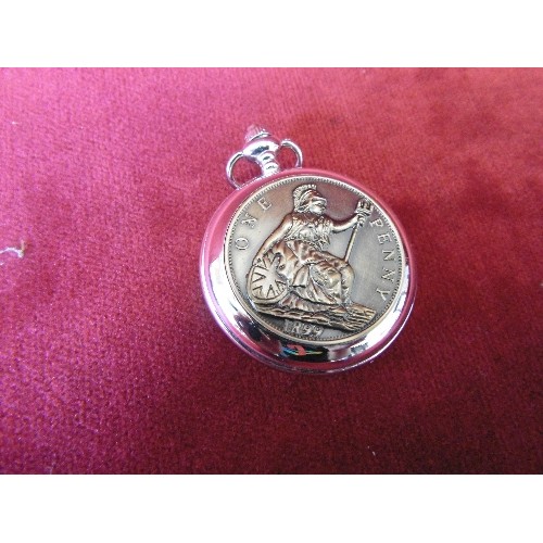 43 - QUARTZ SILVER METAL POCKET WATCH WITH VICTORIAN PENNY COVERS