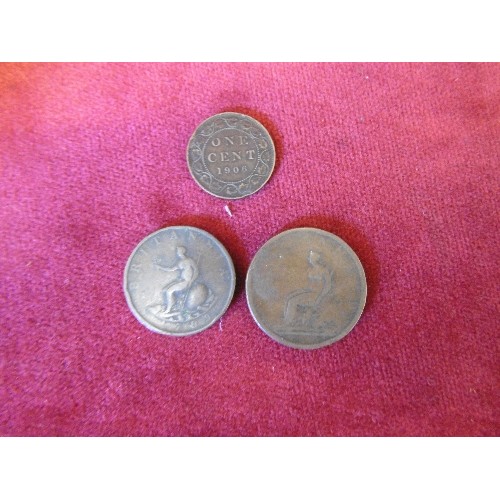 53 - LARGE METAL CASH TIN WITH CONTENTS OF MIXED COINS - COMMEMORATIVE CROWNS, THREE PENNYS, GEORGE III 1... 