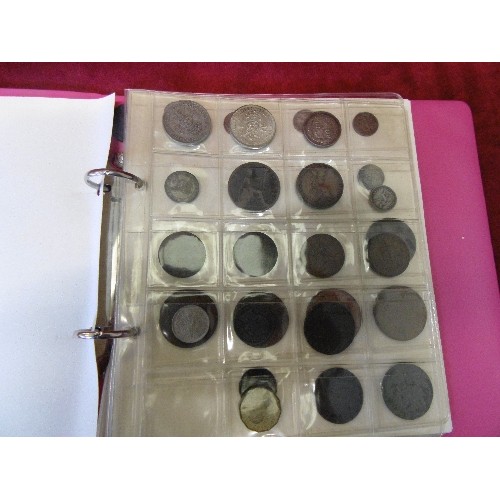 54 - COIN ALBUM WITH 1819 FOUR PENCE COIN, SILVER THREE PENNY PIECES 1940'S FARTHINGS ETC