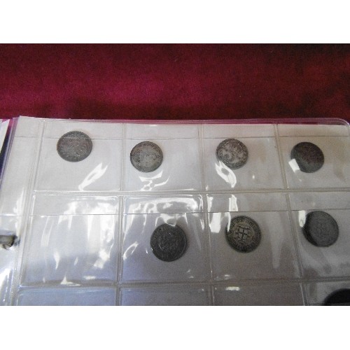 54 - COIN ALBUM WITH 1819 FOUR PENCE COIN, SILVER THREE PENNY PIECES 1940'S FARTHINGS ETC