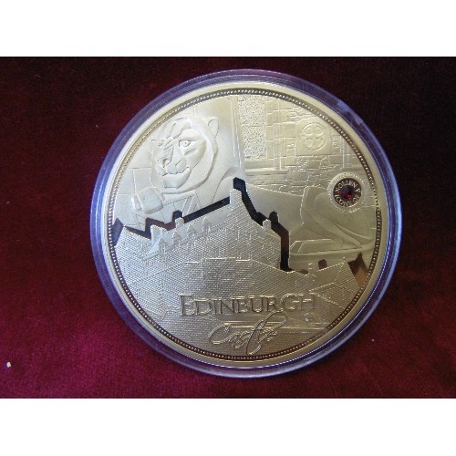 56 - CU GOLD PLATED LARGE ICONS OF A NATION COIN EDINBURGH CASTLE WITH SWAROVSKI