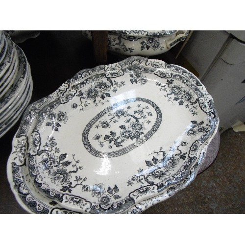 576 - VINTAGE DINNER SERVICE. CREAM WITH CHARCOAL FLORAL PATTERN. 2 LIDDED TUREENS, 2 MEAT PLATES, DINNER ... 