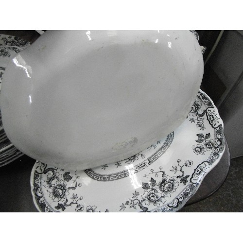 576 - VINTAGE DINNER SERVICE. CREAM WITH CHARCOAL FLORAL PATTERN. 2 LIDDED TUREENS, 2 MEAT PLATES, DINNER ... 