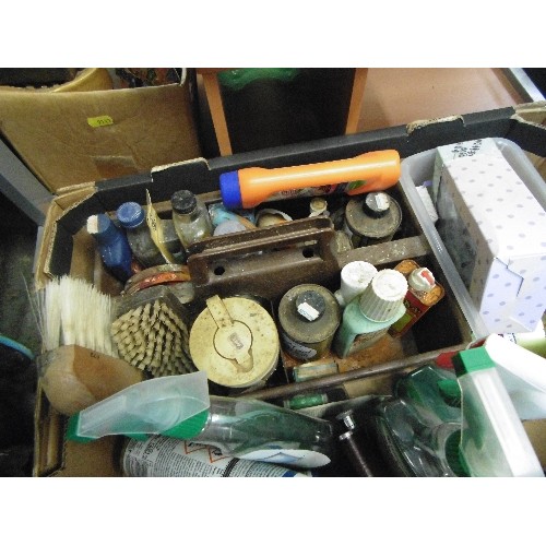 564 - BOX FULL OF GARAGE/SHED ITEMS. OIL CANS, SPIRITS, FURNITURE POLISH, SCRUBBING BRUSHES, CLEANING PROD... 