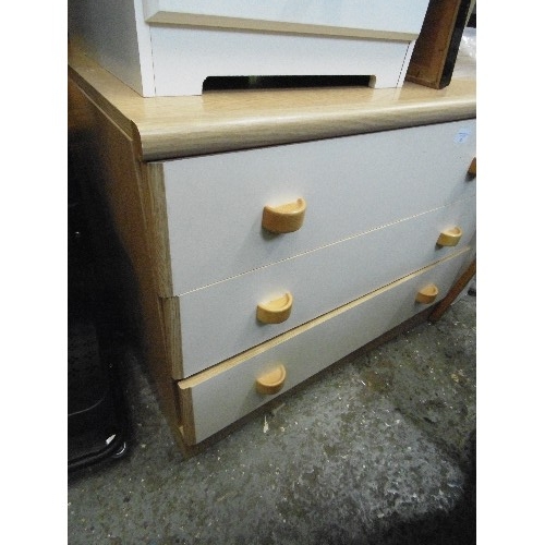 548 - IVORY BEDROOM 3 DRAWER CHEST WITH BEECH PULL HANDLES. MATCHES LOT 582 [WARDROBE]