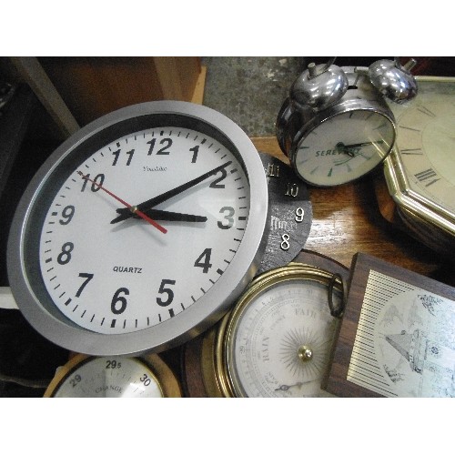 544 - 4 X WALL CLOCKS, 1 X ALARM CLOCK WITH BELLS ON, AND 2 X BAROMETERS.