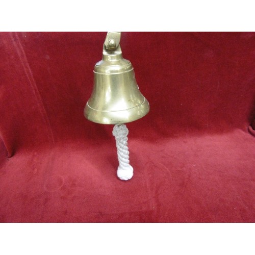 368 - BRASS WALL MOUNTED BELL WITH ROPE PULL,