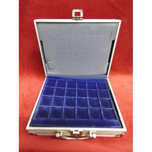 492 - COIN STORAGE CASE. OR JEWELLERY? METAL WITH MOULDED INSERT TRAYS