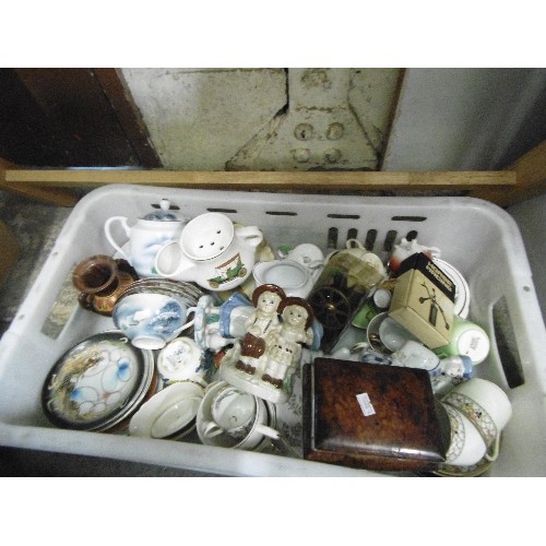 676 - LARGE BOX FULL OF VINTAGE CERAMICS AND ORNAMENTS. INC COALPORT, MASONS, A TORTOISESHELL BOX.