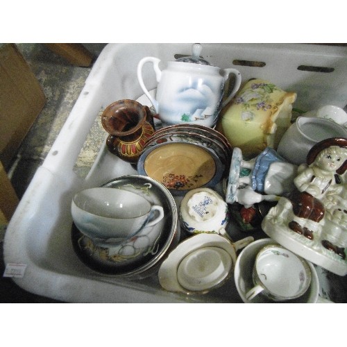 676 - LARGE BOX FULL OF VINTAGE CERAMICS AND ORNAMENTS. INC COALPORT, MASONS, A TORTOISESHELL BOX.