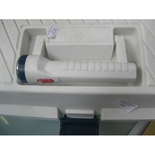 SMALL FISHING BOX WITH ATTACHED TORCH AS HANDLE. INTERIOR LIGHT, AND SMALL  COMPARTMENTS.