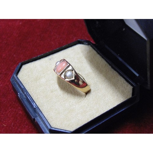 42 - ANTIQUE 1885 15ct GOLD RING WITH CORAL AND SEED PEARLS WEIGHT 2.75gr SIZE K.