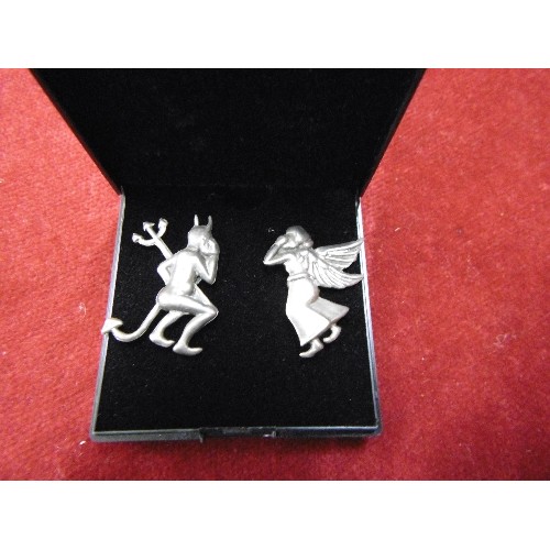 33 - A PAIR OF SILVER EARRINGS THE DEVIL ONE SIDE THE ANGEL THE OTHER BOTH WHISPERING IN YOUR EAR