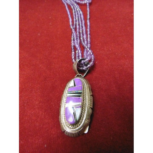 15 - A LARGE SOLID SILVER PENDANT OF SILVER SEMI- PRECIOUS STONES SLICE OF OPAL BY NAVAJO INDIANS ON A ST... 