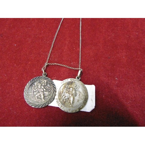 28 - TWO SILVER ST CHRISTOPHER MEDALS (25MM) ON SILVER CHAIN