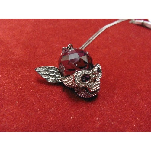 14 - A LARGE SWAROVSKI CRYSTAL SKULL WITH WINGS AND MOTORCYCLE GOGGLES A MIRROR INSIDE, LARGE AMETHYST CO... 