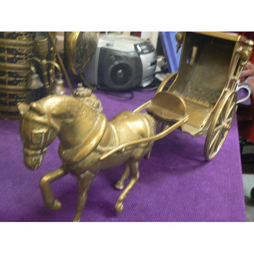 68 - VERY LARGE HEAVY BRASS HORSE AND VICTORIAN STYLE CARRIAGE.