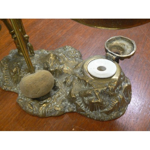 67 - VICTORIAN BRASS DINNER GONG, WITH CANDLE INKWELL & BELL.