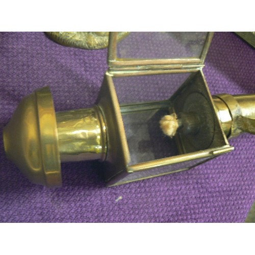 72 - MINIATURE INSIDE COACH OIL LAMP. BRASS AND SQUARE GLASS LANTERN