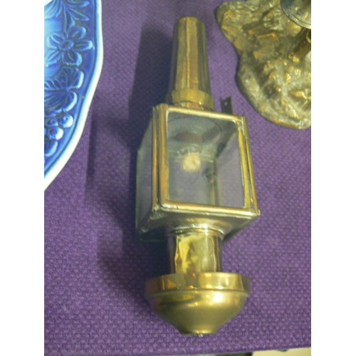 72 - MINIATURE INSIDE COACH OIL LAMP. BRASS AND SQUARE GLASS LANTERN