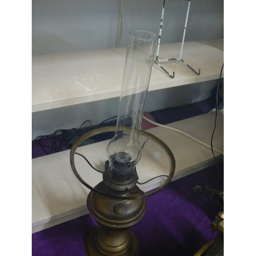 66 - VINTAGE HS BRASS OIL-LAMP. WITH GLASS CHIMNEY, AND MILK GLASS SHADE. GOOD ORDER, NO DAMAGE.