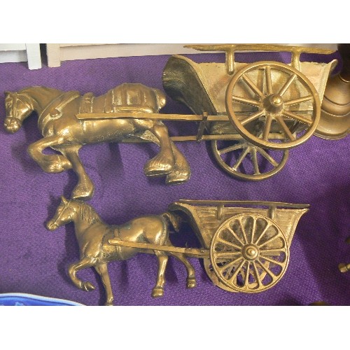 69 - 2 X HEAVY BRASS SHIRE HORSES PULLING HAY CARTS.
