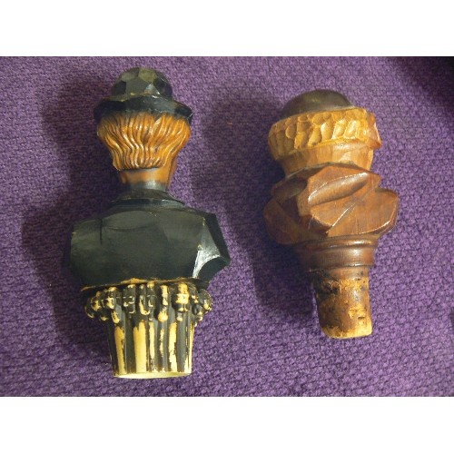 87 - 2 ITALIAN HAND CAVED NOVELTY WOODEN BOTTLE STOPPERS -