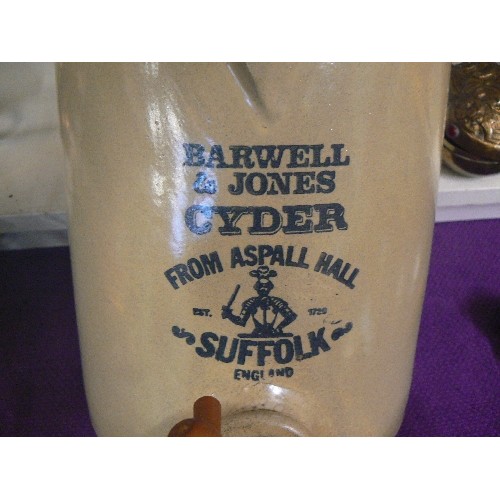 75 - STONEWARE CYDER FLAGON WITH TAP AND STOPPER. NO DAMAGE. ADVERTISING BARWELL & JONES. FROM ASPALL HAL... 