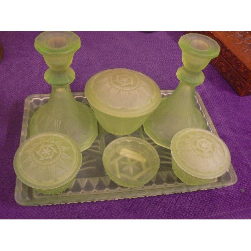 77 - 1930'S GREEN GLASS DRESSING TABLE SET.