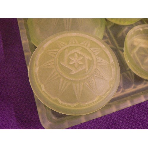 77 - 1930'S GREEN GLASS DRESSING TABLE SET.