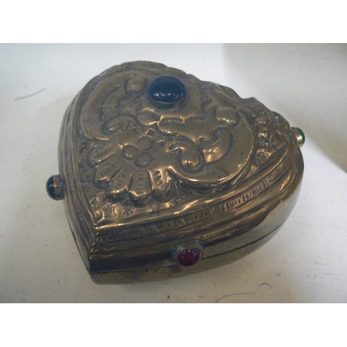 70A - SMALL BRASS CHEST AND A LOVEHEART TRINKET DISH WITH LID EMBELLISHED WITH ORANGE, GREEN AND BLUE STON... 