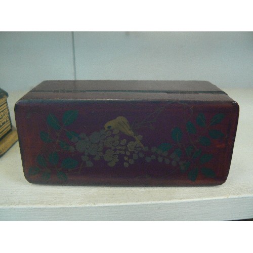 74C - LACQUERED PAPER MACHE BOX AND  A SMALL ORIENTAL HAND PAINTED BOX