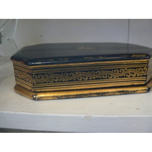 74C - LACQUERED PAPER MACHE BOX AND  A SMALL ORIENTAL HAND PAINTED BOX