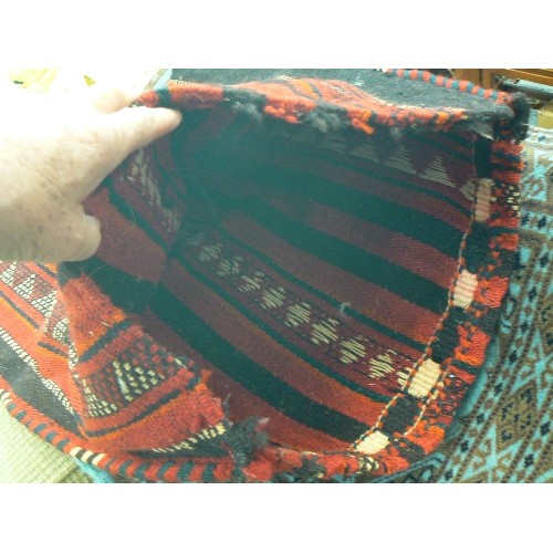 89 - ASSORTED GENUINE HAND KNOTTED RUG IN BLUE PLUS FOUR HAND WOVEN ( KNOTTED) CAMEL SADDLE SACKS. (TO BE... 