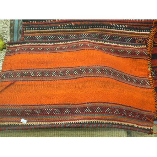 89 - ASSORTED GENUINE HAND KNOTTED RUG IN BLUE PLUS FOUR HAND WOVEN ( KNOTTED) CAMEL SADDLE SACKS. (TO BE... 