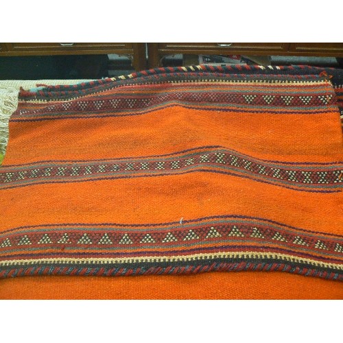 89 - ASSORTED GENUINE HAND KNOTTED RUG IN BLUE PLUS FOUR HAND WOVEN ( KNOTTED) CAMEL SADDLE SACKS. (TO BE... 