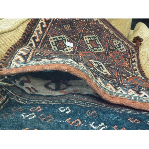 89 - ASSORTED GENUINE HAND KNOTTED RUG IN BLUE PLUS FOUR HAND WOVEN ( KNOTTED) CAMEL SADDLE SACKS. (TO BE... 