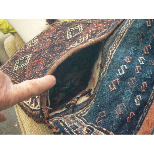 89 - ASSORTED GENUINE HAND KNOTTED RUG IN BLUE PLUS FOUR HAND WOVEN ( KNOTTED) CAMEL SADDLE SACKS. (TO BE... 