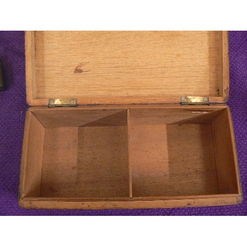 81 - 2 VINTAGE WOODEN CIGARETTE BOXES, ONE WITH ROYAL ARMY SERVICE CORPS BADGE ON THE LID AND ONE WITH A ... 