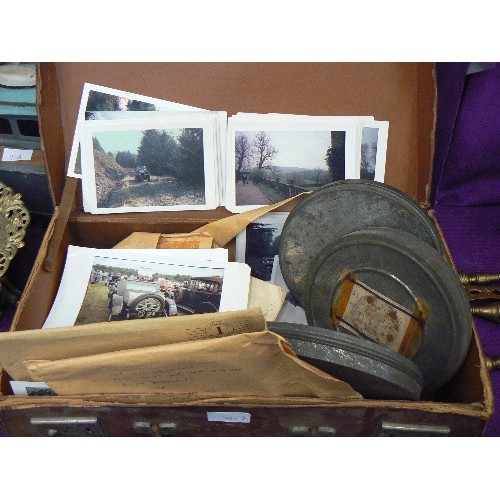 81B - VINTAGE LEATHER SUITCASE AND CONTENTS OF VINTAGE FILM REELS PLUS PHOTOGRAPHS OF EVENTS, BOATS, CARS ... 