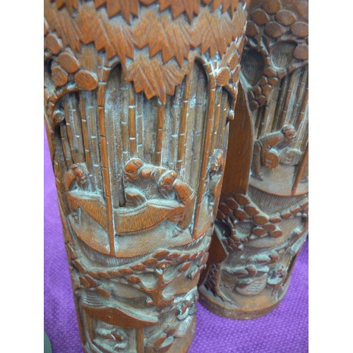 81A - VINTAGE PAIR OFJAPANESE BAMBOO HAND CARVED VASES IN THE STYLE OF BRUSH POTS