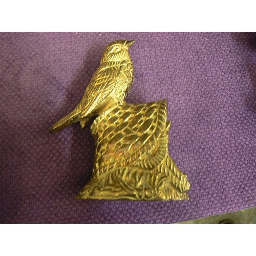 99F - BRASS HORSE REARING,  BRASS CELTIC PIN DISH,  INDIAN   DISHES, AND A HEAVY BIRD