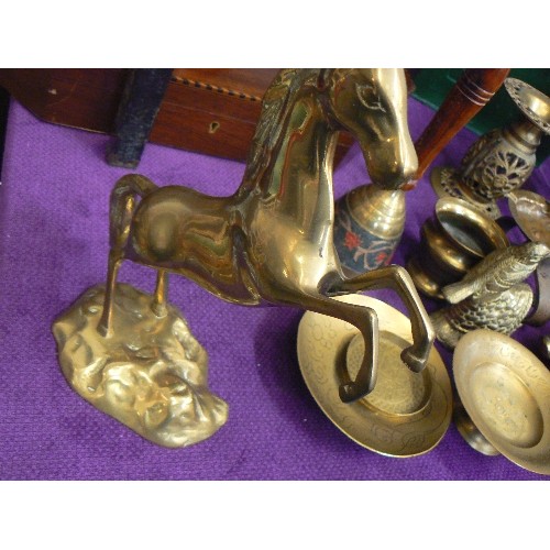 99F - BRASS HORSE REARING,  BRASS CELTIC PIN DISH,  INDIAN   DISHES, AND A HEAVY BIRD