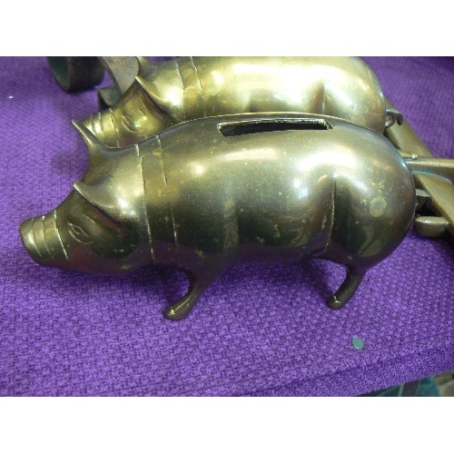 99E - COLLECTION OF BRASS ITEMS - LANCASTER BOMBER (TRENCH ART), 2 PIGS, 2 CANDLESTICKS, BELL,  BELL ETC