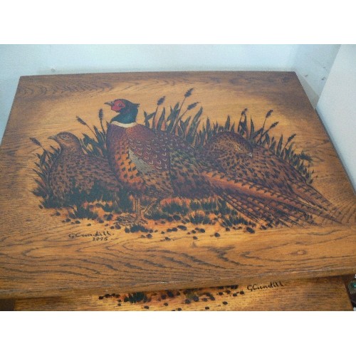 78 - BEAUTIFUL GEORGE CUNDHILL 1995 'HOT POKER WORK' PHEASANT, PARTRIDGE, DUCK DESIGN, NEST OF 3 HEAVY OA... 