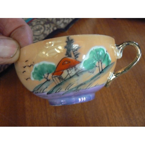 106 - VINTAGE FINE BONE CHINA JAPANESE CUP AND SAUCER, WITH A LOVELY EMBROIDERED ORIENTAL TABLE MAT.