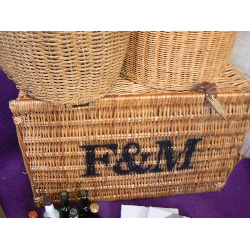 120 - FORTNUM & MASON WICKER HAMPER, LAUNDRY BASKET WITH HOUSEHOLD LINEN, 2 FURTHER SMALL HAMPERS. AND A W... 