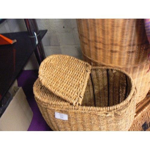 120 - FORTNUM & MASON WICKER HAMPER, LAUNDRY BASKET WITH HOUSEHOLD LINEN, 2 FURTHER SMALL HAMPERS. AND A W... 