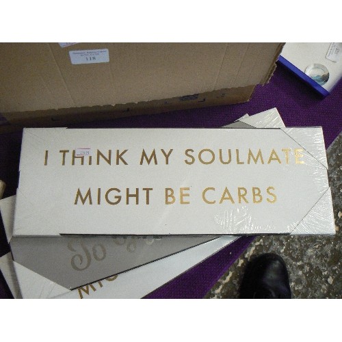 119 - NEW/PACKAGED, 5 X SLOGAN WALL PLAQUES, INC, 'I THINK MY SOULMATE MIGHT BE CARBS' 'HOME SWEET HOME' '... 