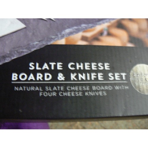 144 - NEW/PACKAGED CHEESE KNIFE SET ON SLATE, ALSO KNIFE SET WITH MARBLE COATING, ALSO NEW.